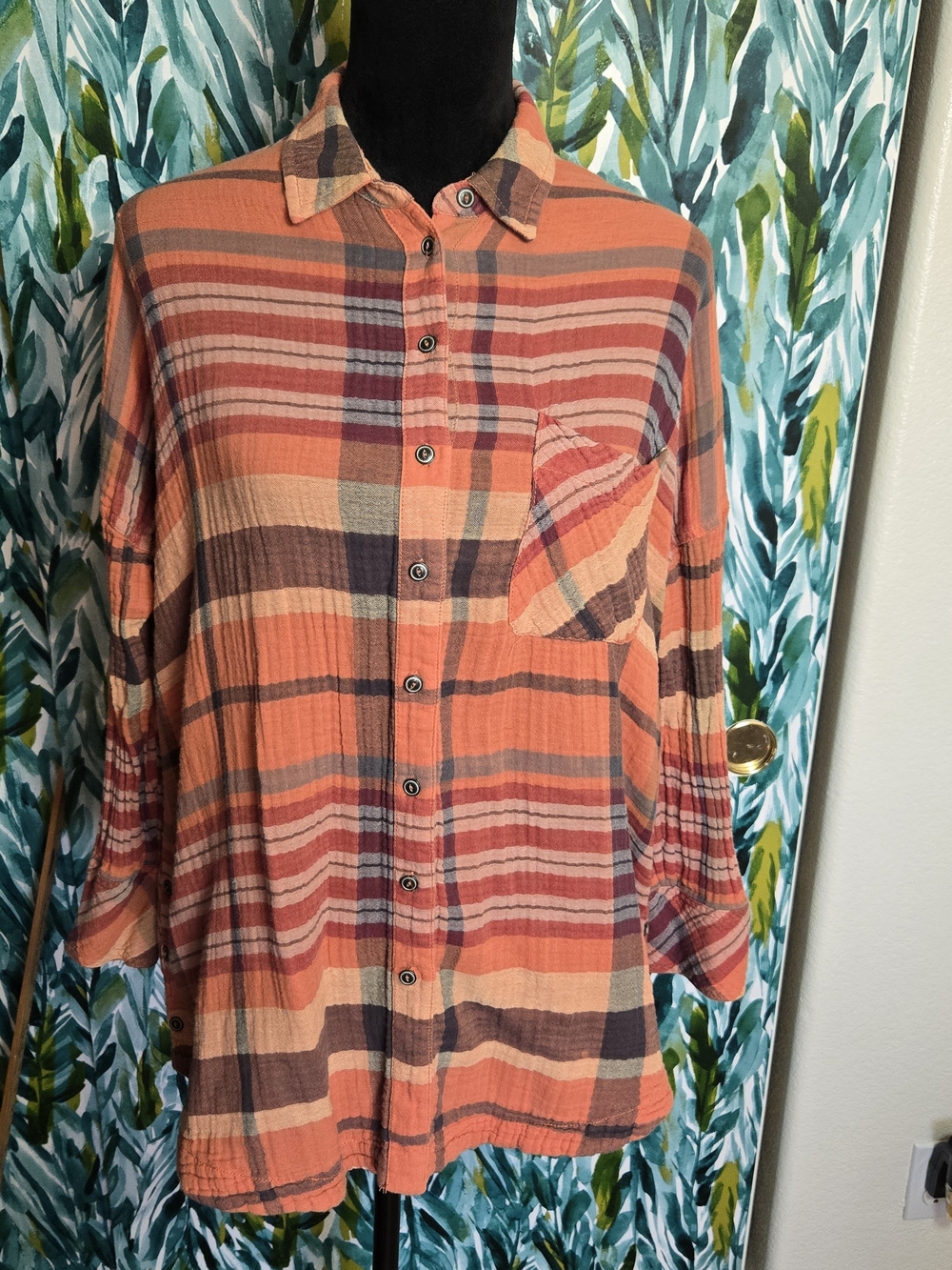 Free People Year Round Orange Plaid Button Down Blouse Top